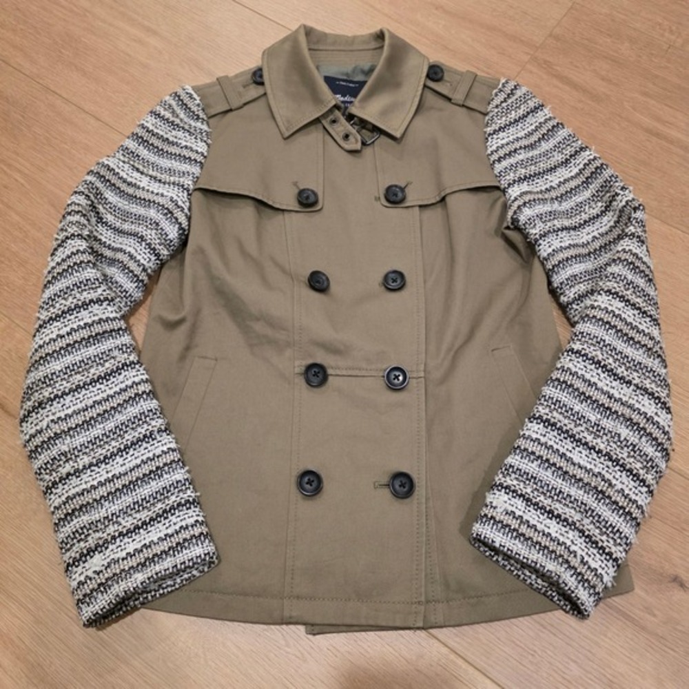 Madewell Womens Khaki Cotton Trench Coat Tweed Knit Sleeves XS Brown Eclectic